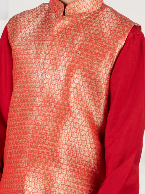 Boy's Red Brocade Nehru Jacket Set With Patiala